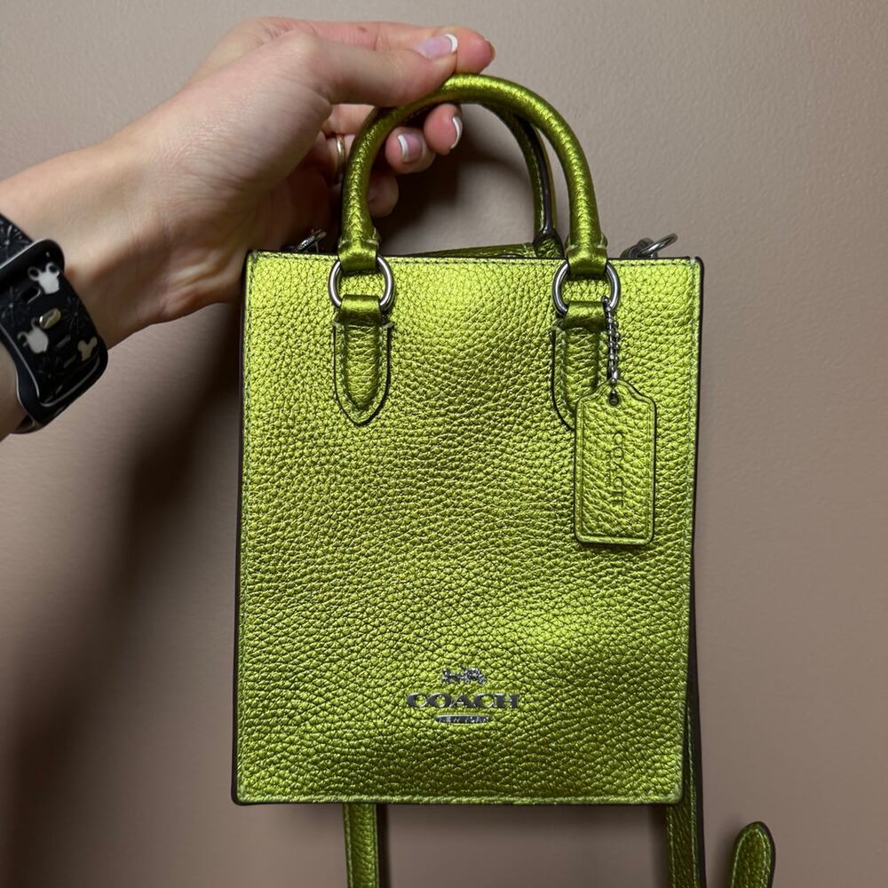 Coach North South Mini Tote Bag in a metallic neon green pebbled leather NWOT - Picture 4 of 8